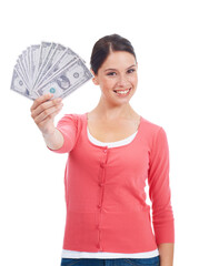 Wall Mural - What is the best way to make money. Pretty young woman holding a big amount of money.