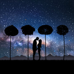 Canvas Print - lovers couple and trees in park. people in love. milky way, night sky