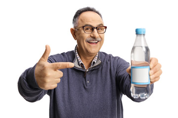 Mature man holding a bottle of water in front of camera