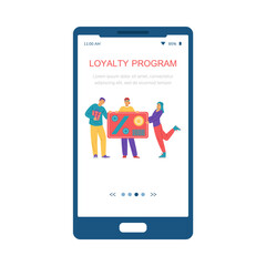 Loyalty program mobile app onboarding screen flat vector illustration.