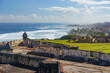 Old San Juan, Puerto Rico, USA: View of a sentry box and the Atlantic Ocean from the top of Fort San Cristobal, also known as Castillo San Cristobal.