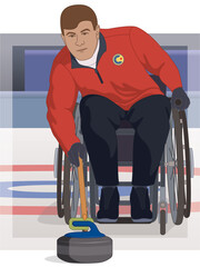 Wall Mural - para sports paralympic curling, physical disabled male curler sitting in specialized wheelchair sliding rock with delivery stick on ice with target in background