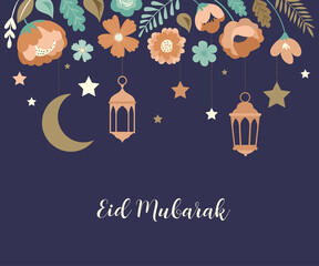 Wall Mural - Modern bohemian style Ramadan Mubarak greeting card, banner with retro boho design, moon, mosque dome and lanterns 