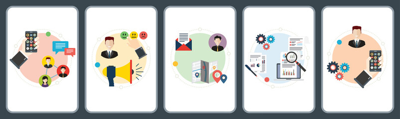 Poster - Marketing, communication, social media, relationship and metrics icons. Concepts of social marketing, relationship marketing, proximity marketing and communication metrics. Flat design icons in vector