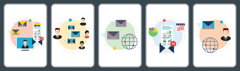Poster - E-mail marketing, communication, notification, computer and marketing icons. Concepts of inbox message, send email, global email marketing and email analytics. Flat design icons in vector illustration