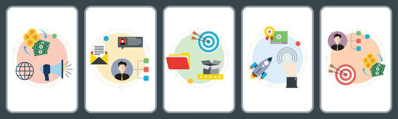 Poster - Marketing, business, solution strategy and communication icons. Concepts of marketing budget, business network, solution strategy, communication.