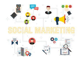 Poster - Marketing, communication, social media, relationship and metrics icons. Concepts of social marketing, relationship marketing, proximity marketing and communication metrics. 