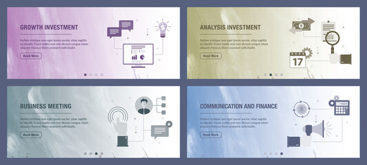 Poster - Investment, business, growth, meeting, communication and finance icons. Concepts of growth investment, analysis investment, business meeting, communication and finance.