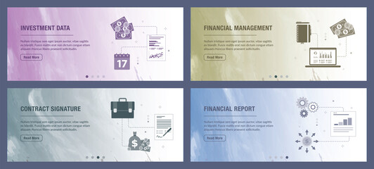Poster - Investment, data, management, report, paperwork and computer icons. Concepts of investment data, financial management, contract signature and financial report.