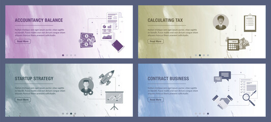 Poster - Accountancy, finance, calculating, tax, startup and business icons. Concepts of accountancy balance, calculating tax, startup strategy and contract business. 