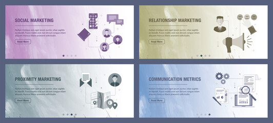 Poster - Marketing, communication, social media, relationship and metrics icons.