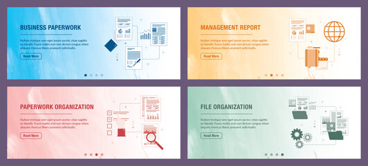 Poster - Business, paperwork, management, report and organization icons. Concepts of business paperwork, management report, paperwork organization, file organization. 