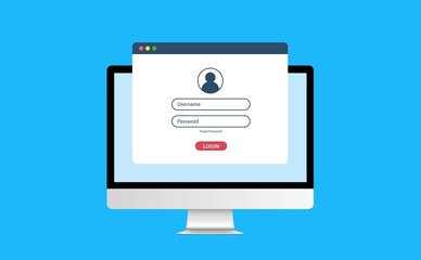 Poster - Computer with authorisation on the screen, login and password of the user to the system or account, vector illustration