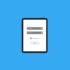 Poster - log in screen on tablet. mobile application interface, registration form with login and password fie