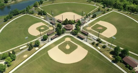 Wall Mural - Aerial view of a suburban high school baseball complex with four ballfields.