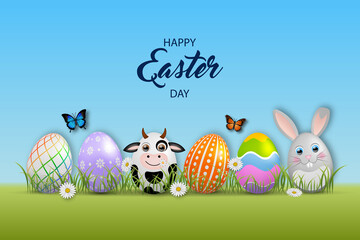 Poster - Happy easter background with colorful eggs, flowers and butterflies