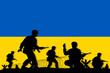Ukrainian soldiers with rifle gun silhouette on flag vector, illustration for your background design, military man in the battle.