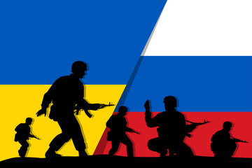 Wall Mural - Soldiers with rifle gun silhouette on flag vector, Ukraine vs Russia war, illustration for your background design, military man in the battle.