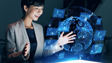Poster - Asian woman watching hologram. Global network.
