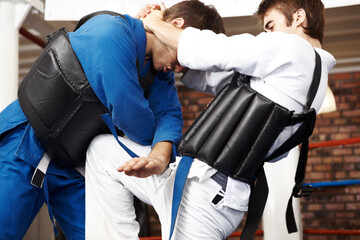 Wall Mural - Blocking the blow. Cropped shot of two martial artists sparring in the ring.