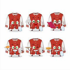 Wall Mural - happy red baseball jacket waiter cartoon character holding a plate