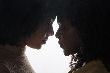 Canvas Print - Lost in love. Cropped shot of a beautiful young female couple posing in studio against a dark background.