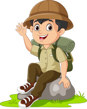 Cartoon Boy Scout Sit On The Rock Waving Hand