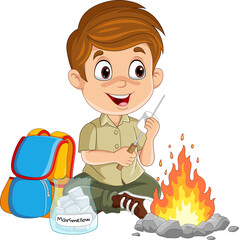 Poster - Cartoon scout boy roasting a marshmallow