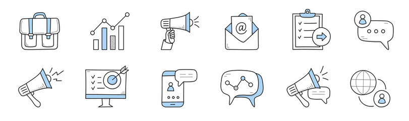 Poster - digital marketing, business online advertising campaign icons. vector doodle set of symbols of marke