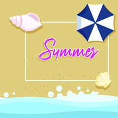 Summer holiday in beach with umbrella and conch. Flat vector illustration. 