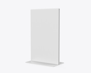 Wall Mural - Plastic and acrylic table talker, promotional upright menu table tent sign holder, table menu card display stand picture frame for mock up and template design. 3d render illustration.