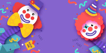 April Fools Day With Clown Character In Paper Cut Style. April 1 Party. Present Joke Box. Fools' Day Poster. Funny Spring Holiday.