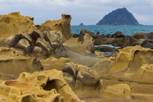 Bizarre Rocky Terrain And Rock Formations At The Heping (Hoping) Island Park (also Known As Peace Island Park) In Keelung, Taiwan. Keelung Islet Lies In The Distance.