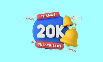 Sticker - Thank you 20 thousand subscribers. Social media influencer banner. 3D Rendering