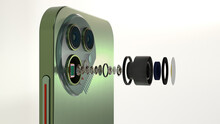 Close Up View Of Digital Camera Lenses Module Of Modern Smartphone, Smartphone Sensor, Optical Layout, Disassembled Lens, 3D Rendering