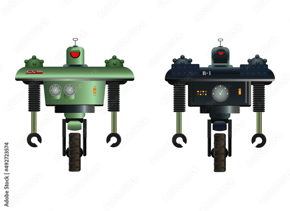 set of atompunk one wheel robots, 1950's sci-fi robotic guard concept ...
