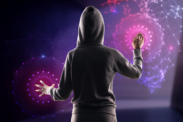 Poster - Back view of hacker using abstract polygonal circles interface on blurry purple background. Metaverse and future concept.