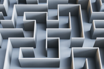 Poster - Creative gray maze background. Solution, way out and challenge concept. 3D Rendering.