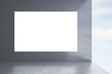 Poster - Empty contemporary concrete interior with bright daylight and white mock up banner on wall. Gallery and living concept. Sky view. 3D Rendering.
