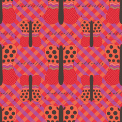 Poster - Butterflies on checked background vector seamless repeat pattern print