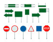 © Bro Vector - Blank road signs on metal poles vector illustrations set. Green billboards, street or highway signs, arrow boards isolated on white background. Traffic, direction or destination concept