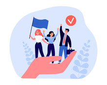 Giant Hand Holding Tiny Business Professionals. Woman Standing With Waving Flag Flat Vector Illustration. Trade Union, Corporate Insurance Concept For Banner, Website Design Or Landing Web Page