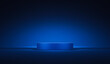 © Lemonsoup14 - Dark blue stage podium 3d background product platform of empty scene presentation pedestal minimal showcase stand or abstract light show blank display and neon spotlight showroom on luxury backdrop.