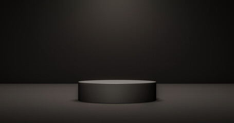 Dark black stage podium 3d background product platform of empty scene presentation pedestal minimal showcase stand or abstract light show blank display and neon spotlight showroom on luxury backdrop.