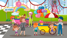 Amusement Park Scene With Street Food Cart