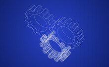 Vector Illustration Of Gears Line Art On Blue Background Representing A Blue Print
