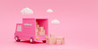Shipment delivery by truck and Parcels box or Cardboard boxes delivery transportation logistics concept on pink background 3d rendering illustration