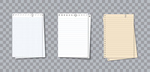 Note Memo Paper. Different Notebook Sheets With Clip. Notepaper With Lines And Grid. Piece Of Paper Of Notepad For Note, Notice And Text. Realistic Sheets Isolated On Transparent Background. Vector