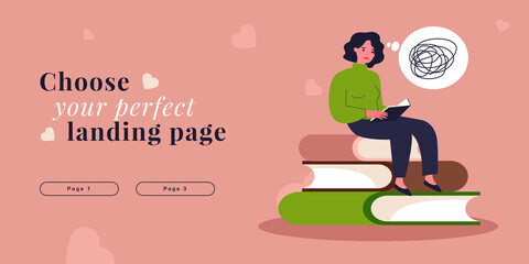 Student reading difficult book without understanding information. Tiny sad girl sitting with tangled thread flat vector illustration. Learning concept for banner, website design or landing web page