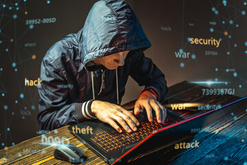 Wall Mural - Hacker in a hood with a phone is typing on a laptop keyboard in a dark room. Cybercrime fraud and identity theft